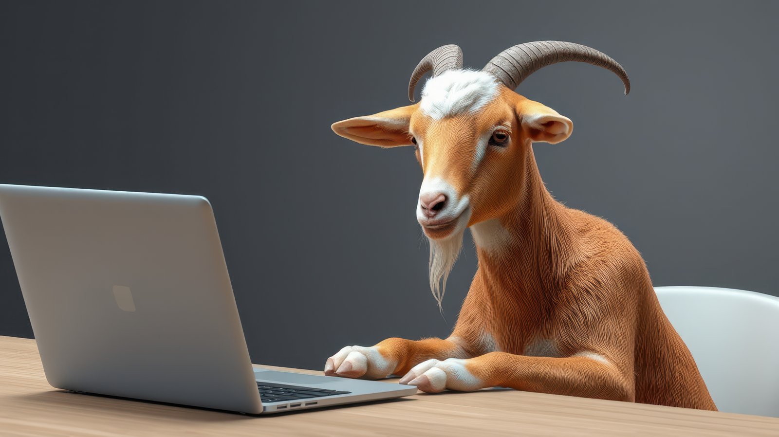 Goat working at a table with a laptop in a modern indoor setting during daytime